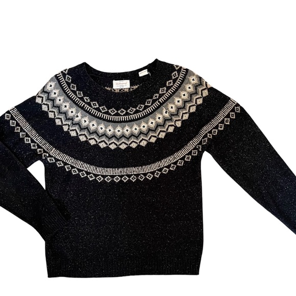 Fair Isle Knit Sweater Black White Geometric Winter Pullover - Picture 1 of 4